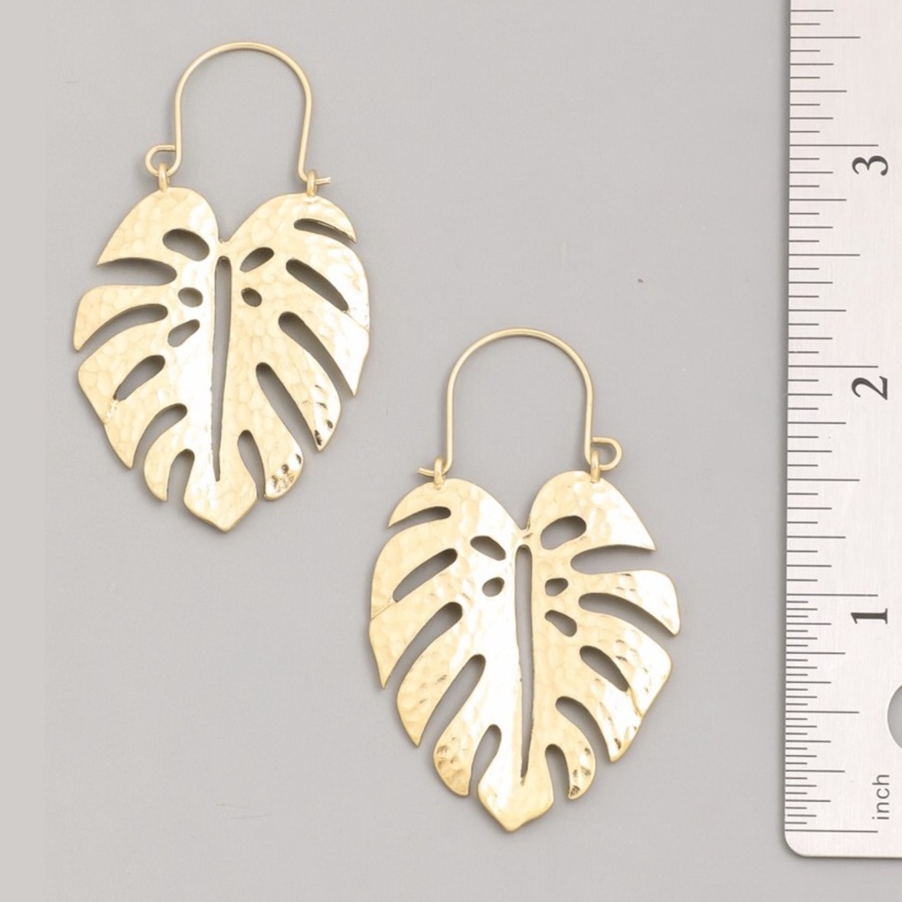 Gold Plated Monstera Leaf Hoop Earrings - Picture 2 of 2